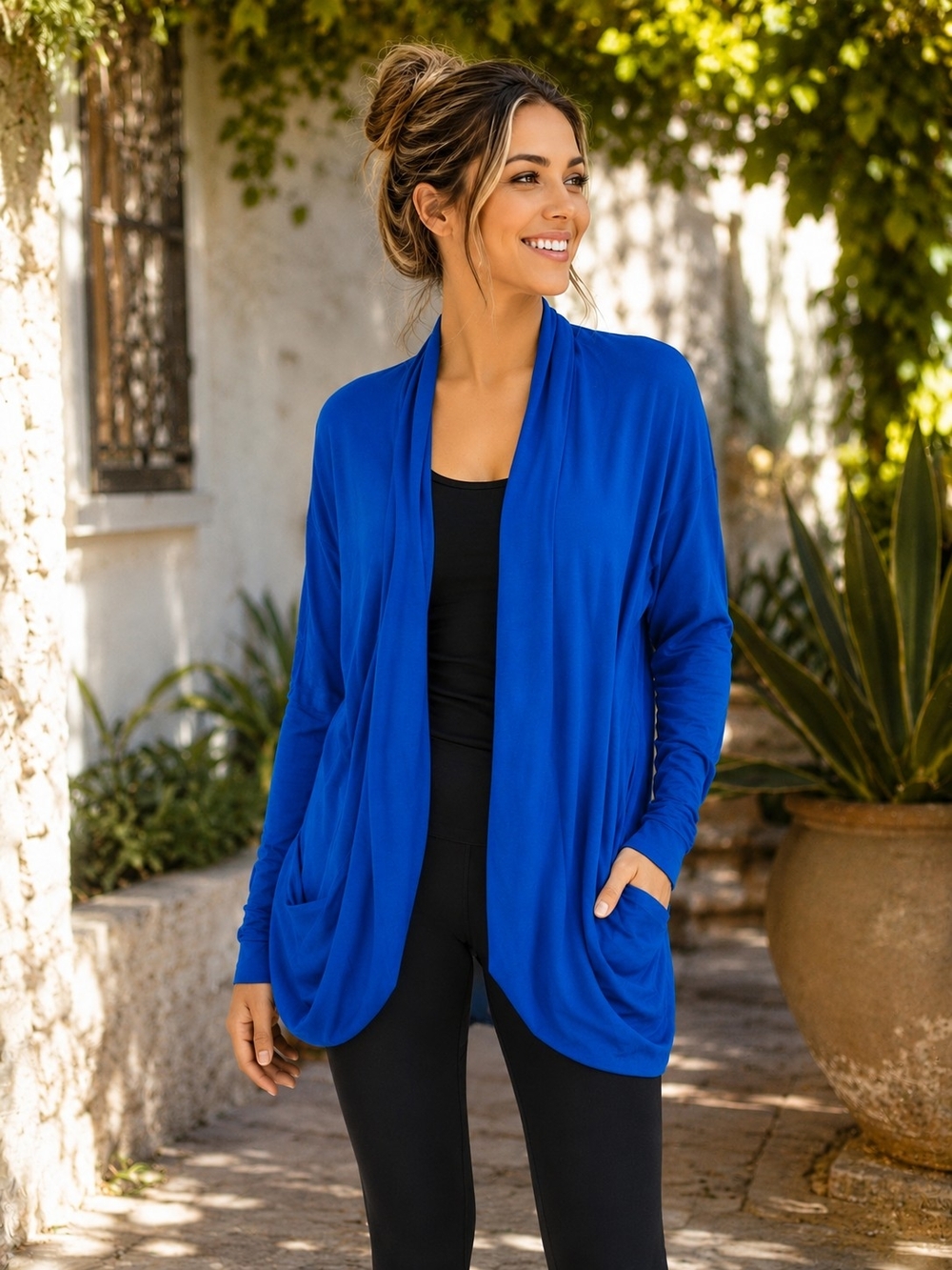 Lucy Royal Blue Open Front Drape Cardigan Sweater L Soft Stretch Pockets